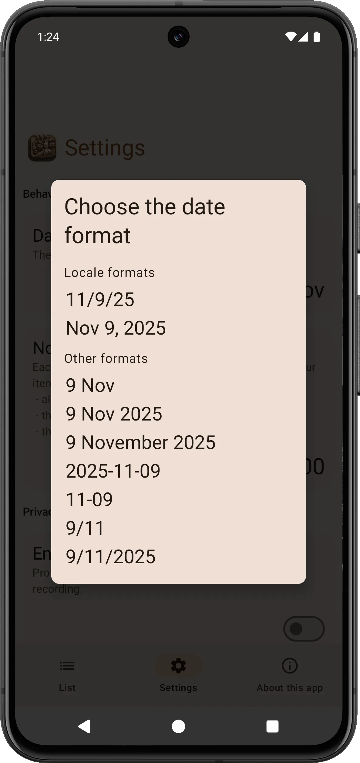 Vecchio stile della schermata di selezione del formato data